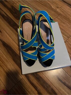 Jessica Simpson Teal-Blue Crisscross Slingback Heels with Yellow Trim